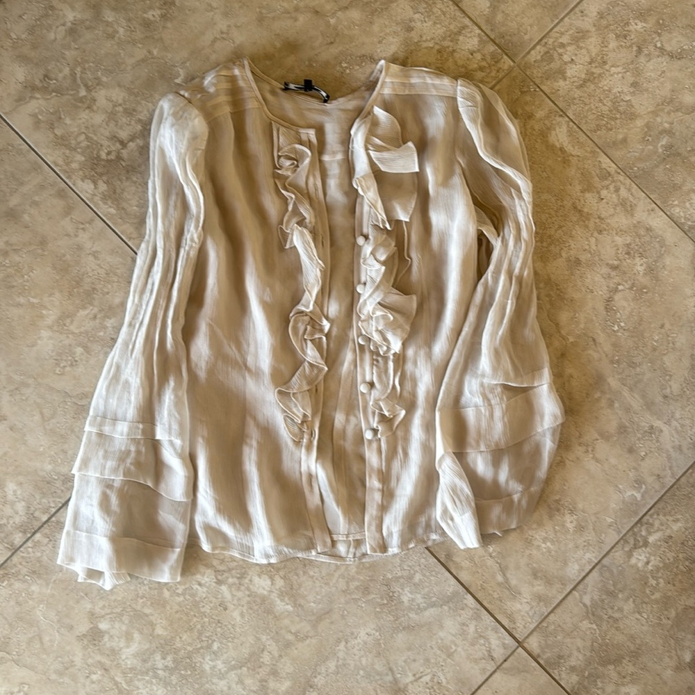 Nanette Lepore Cream/Tan 100% Silk Button Up Ruffle Blouse, Size 4